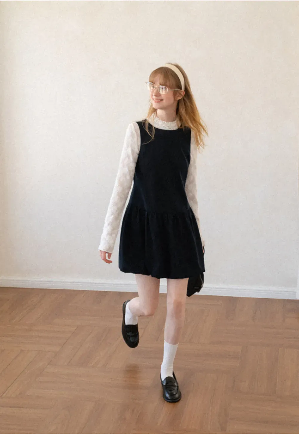 Lace Sleeve Layered Mock Neck A Line Dress