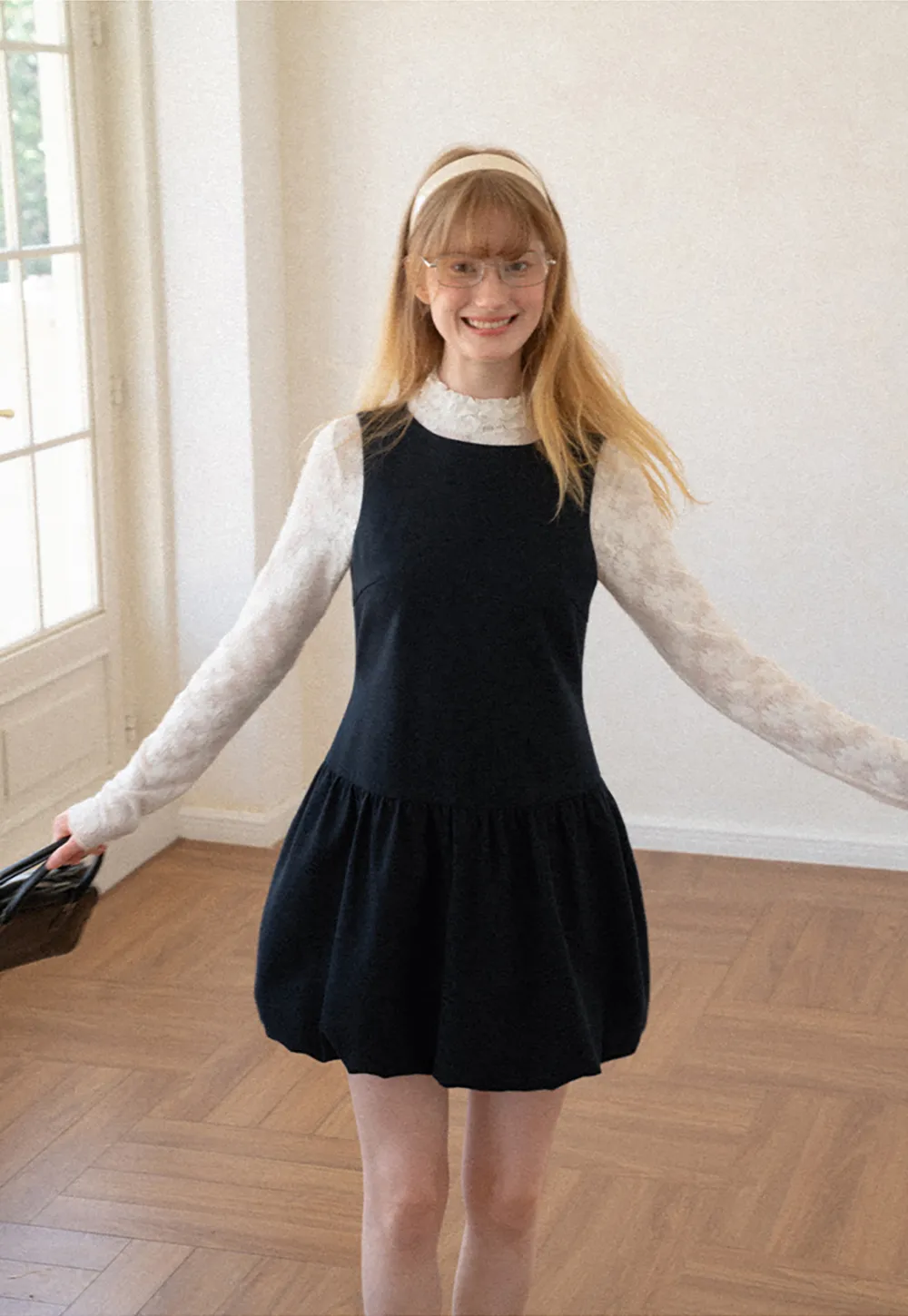 Lace Sleeve Layered Mock Neck A Line Dress