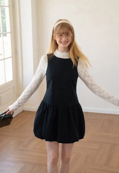 Lace Sleeve Layered Mock Neck A Line Dress
