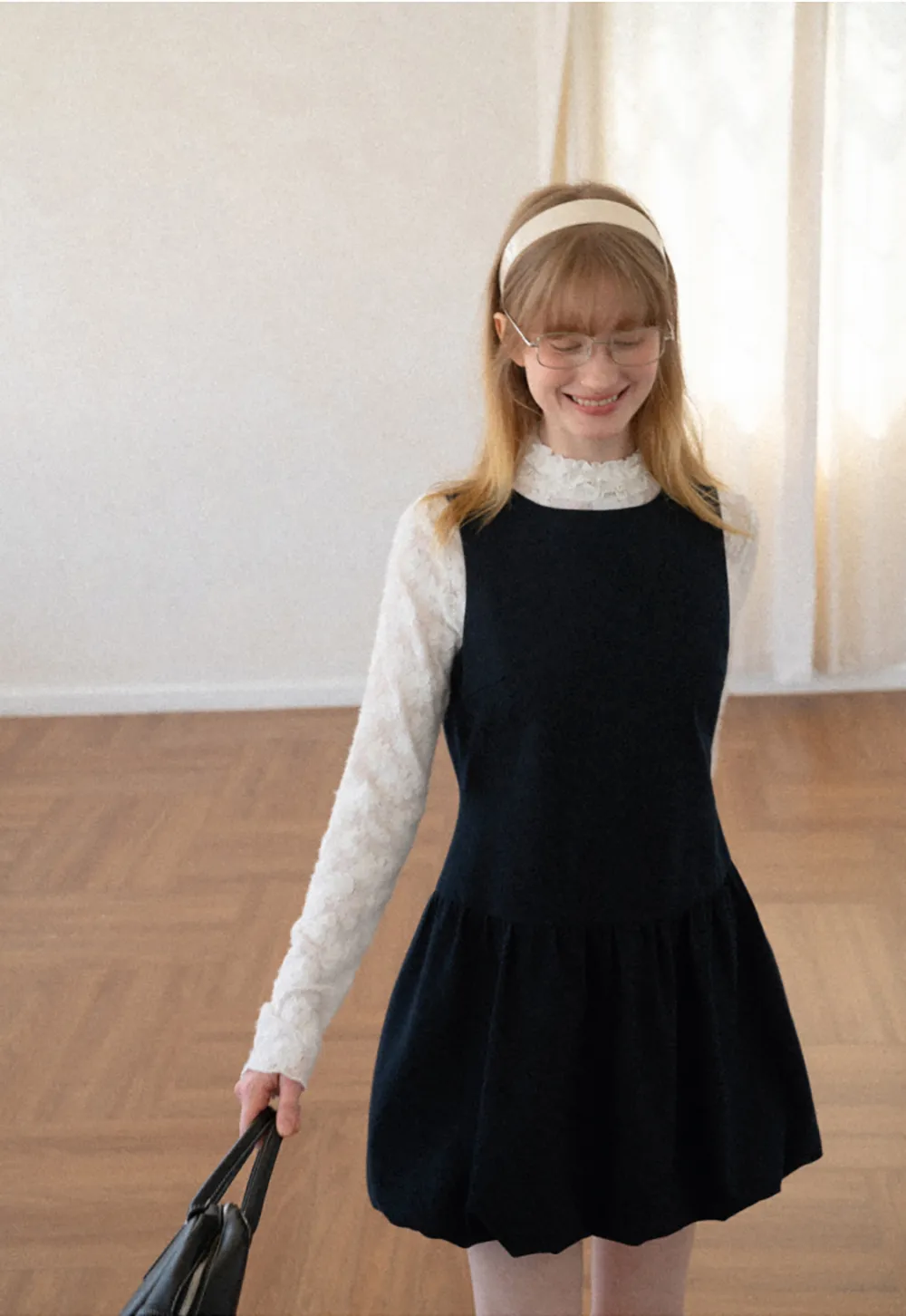 Lace Sleeve Layered Mock Neck A Line Dress