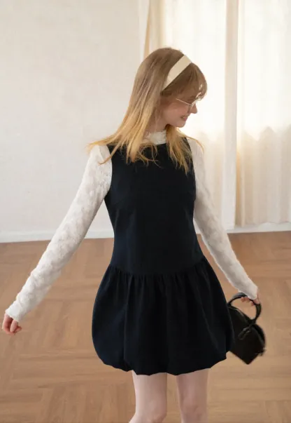Lace Sleeve Layered Mock Neck A Line Dress