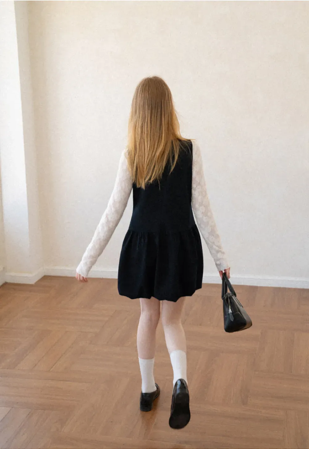 Lace Sleeve Layered Mock Neck A Line Dress