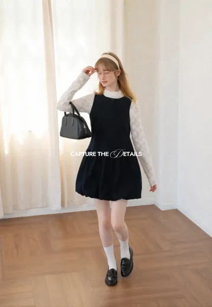 Lace Sleeve Layered Mock Neck A Line Dress