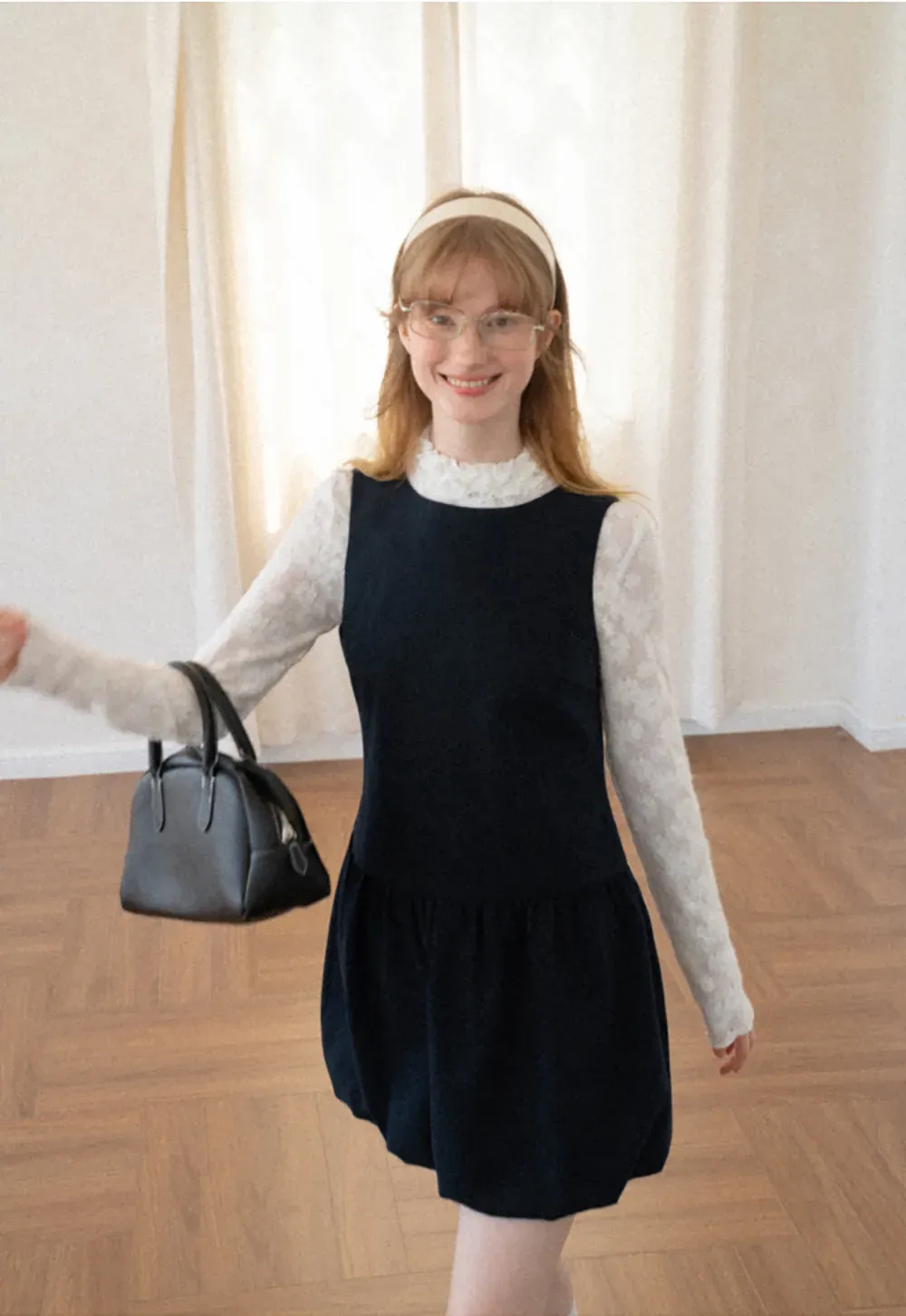 Lace Sleeve Layered Mock Neck A Line Dress