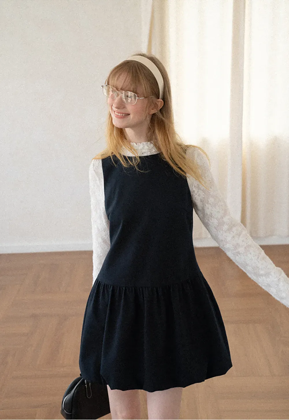 Lace Sleeve Layered Mock Neck A Line Dress