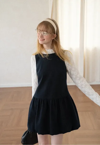 Lace Sleeve Layered Mock Neck A Line Dress