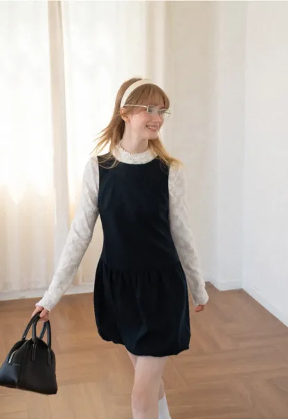 Lace Sleeve Layered Mock Neck A Line Dress