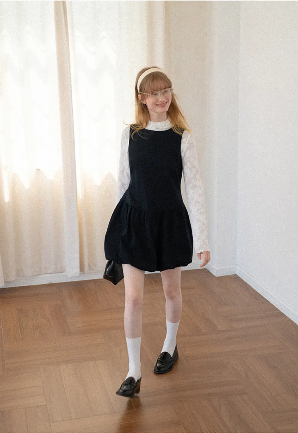 Lace Sleeve Layered Mock Neck A Line Dress