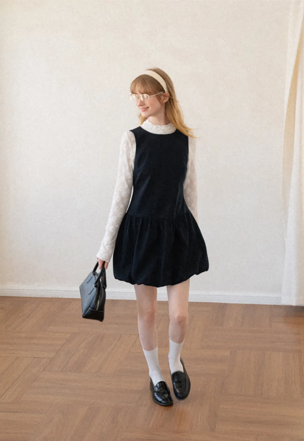 Lace Sleeve Layered Mock Neck A Line Dress