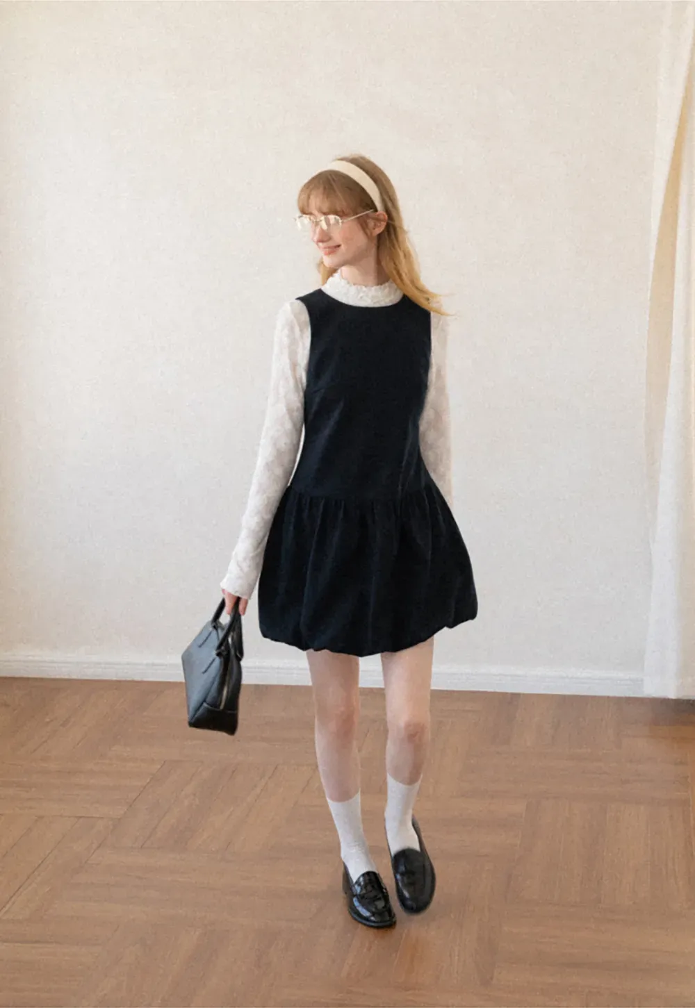 Lace Sleeve Layered Mock Neck A Line Dress