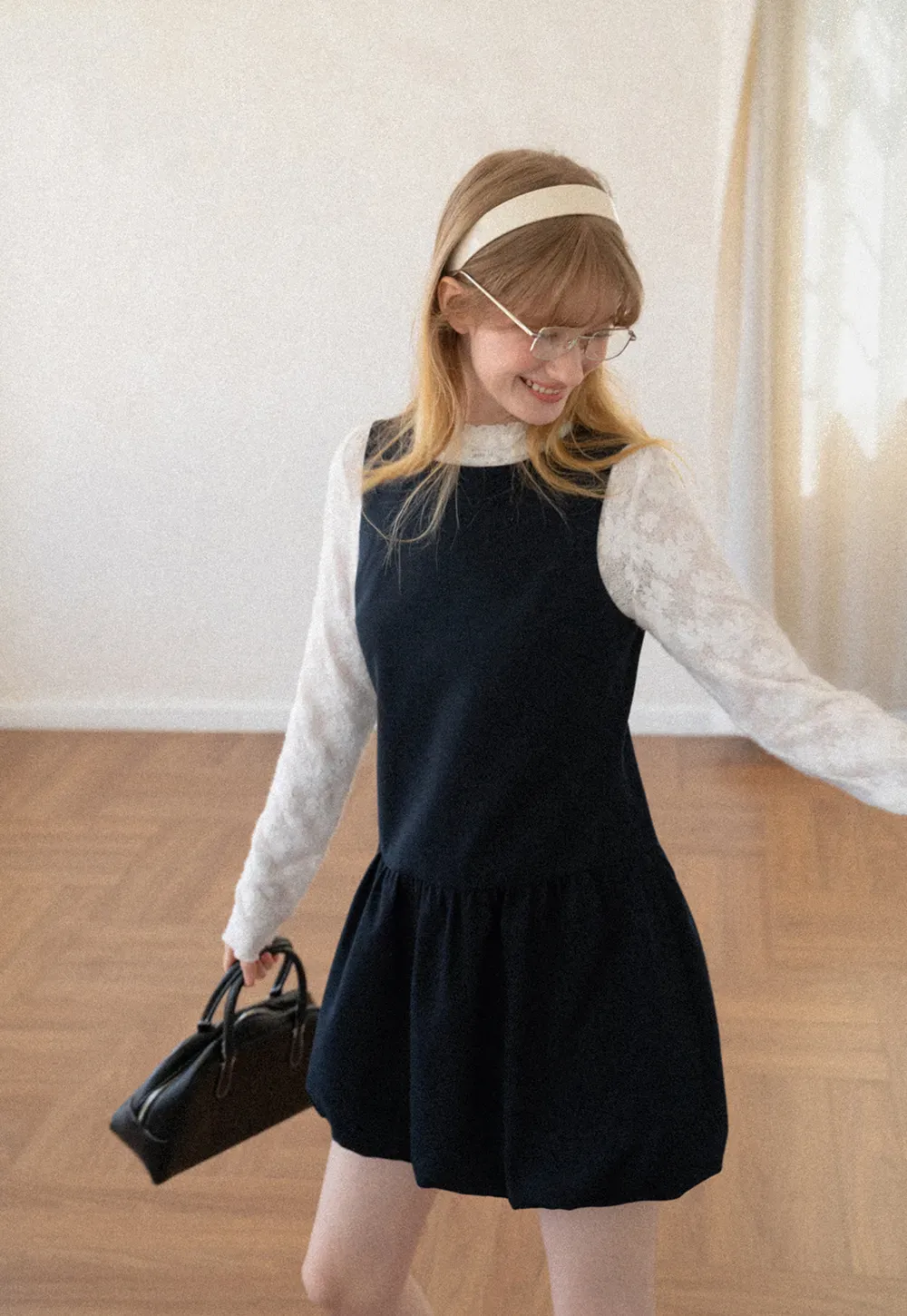 Lace Sleeve Layered Mock Neck A Line Dress