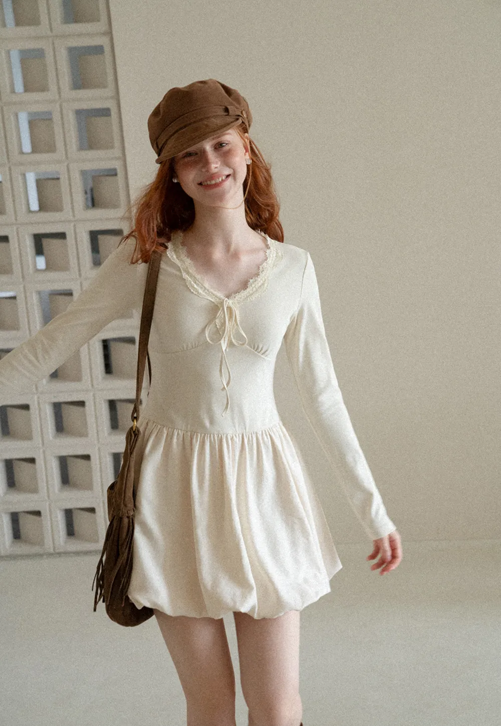 Lace Trim V Neck Long Sleeve Smocked Waist Dress