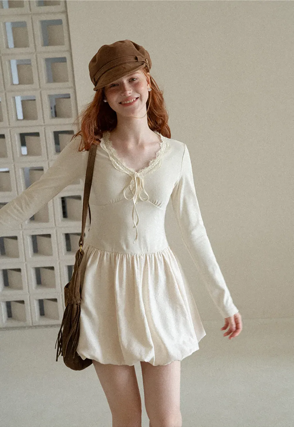Lace Trim V Neck Long Sleeve Smocked Waist Dress
