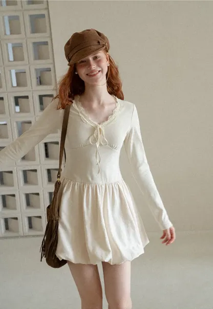 Lace Trim V Neck Long Sleeve Smocked Waist Dress