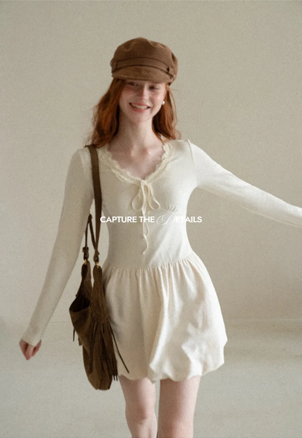 Lace Trim V Neck Long Sleeve Smocked Waist Dress