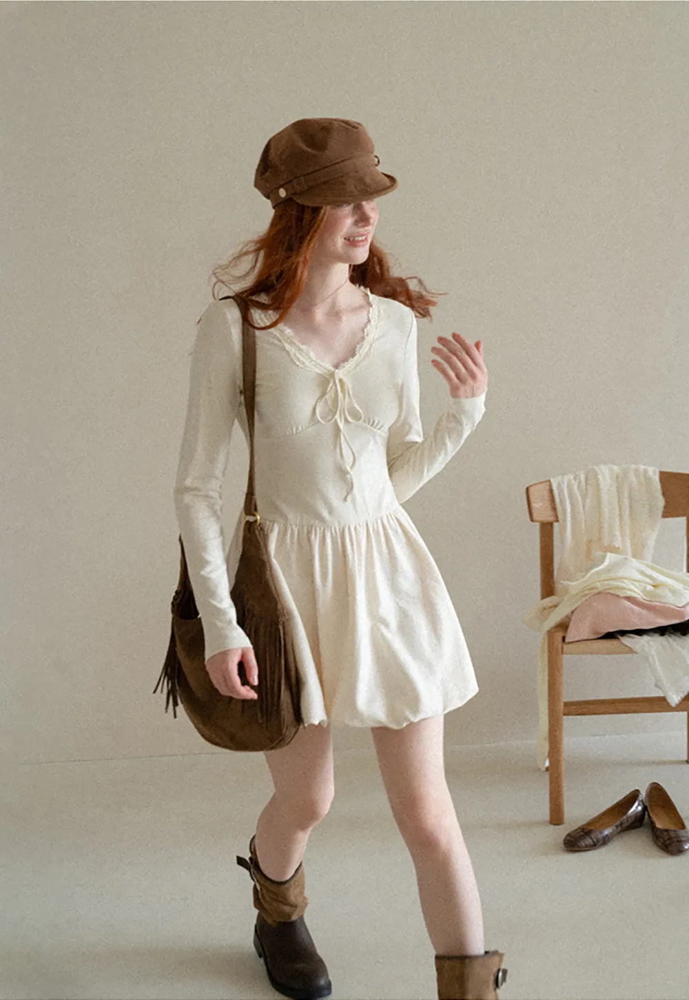 Lace Trim V Neck Long Sleeve Smocked Waist Dress
