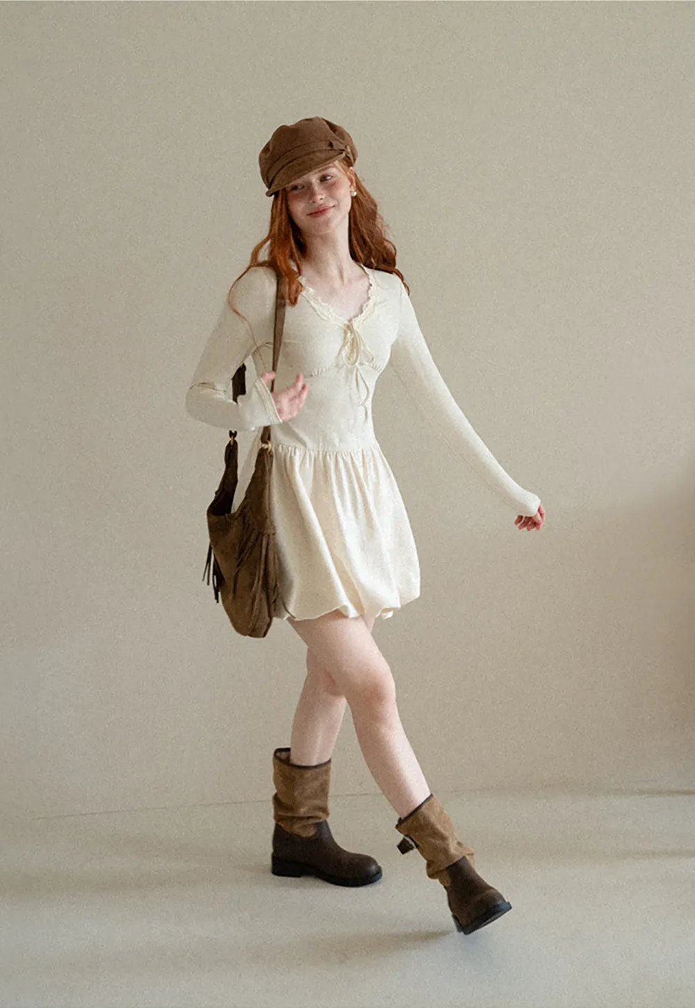 Lace Trim V Neck Long Sleeve Smocked Waist Dress
