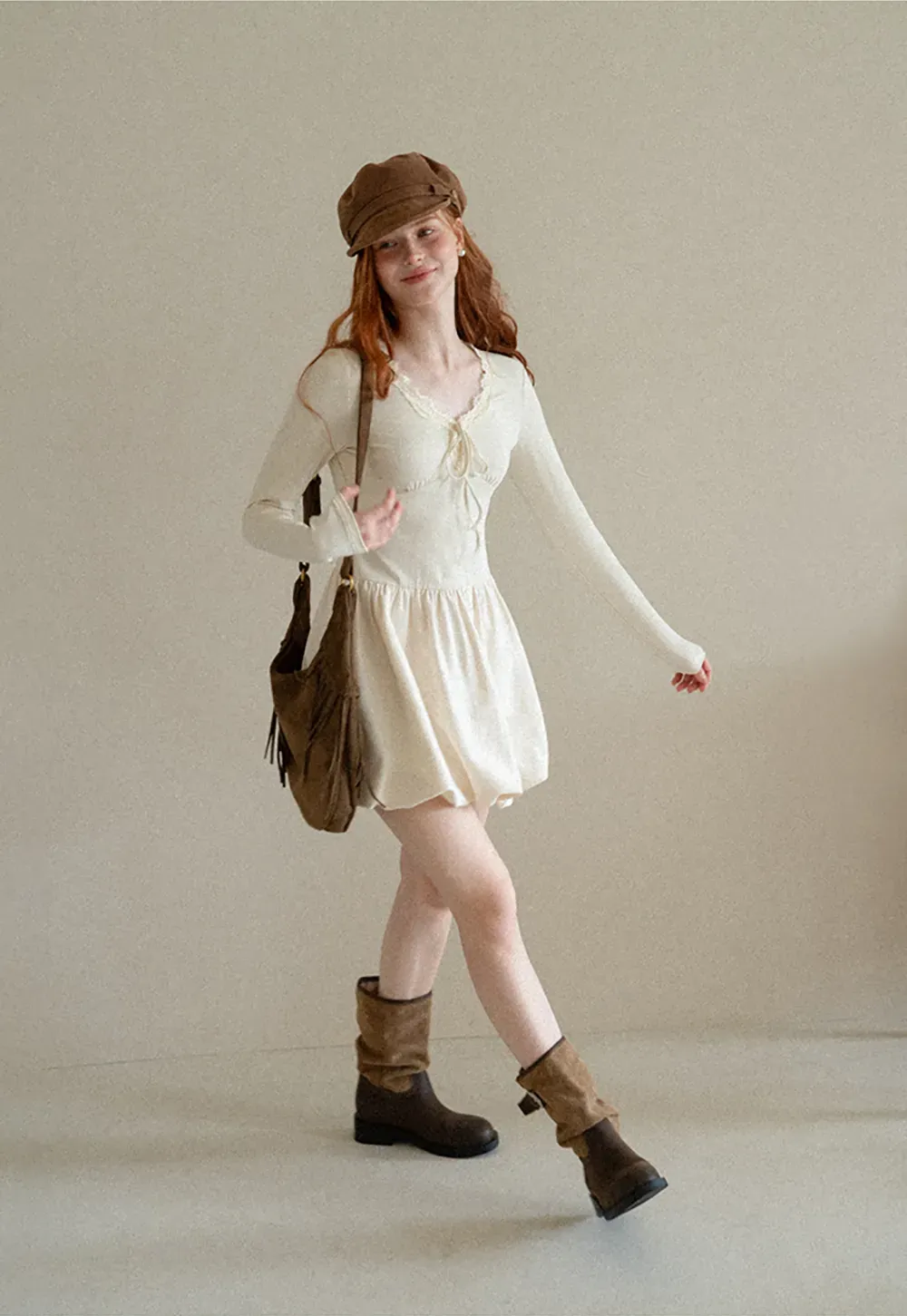 Lace Trim V Neck Long Sleeve Smocked Waist Dress