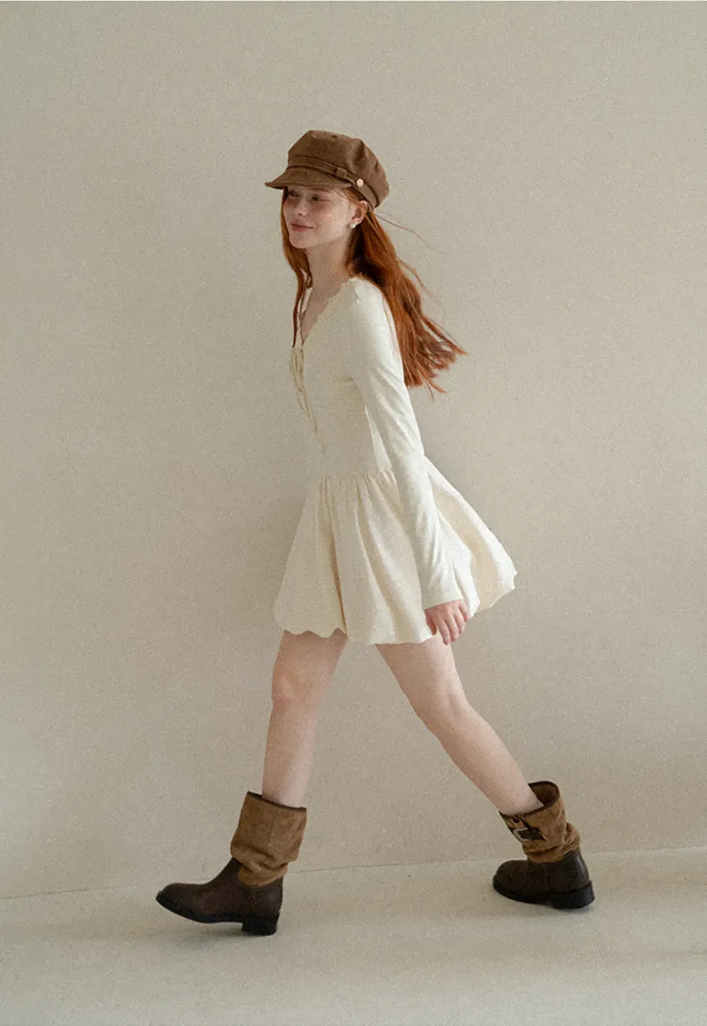 Lace Trim V Neck Long Sleeve Smocked Waist Dress