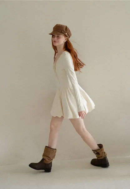 Lace Trim V Neck Long Sleeve Smocked Waist Dress