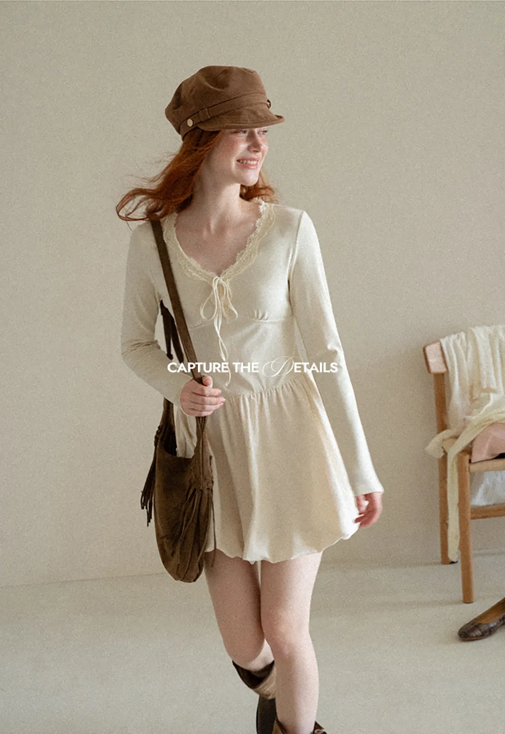Lace Trim V Neck Long Sleeve Smocked Waist Dress