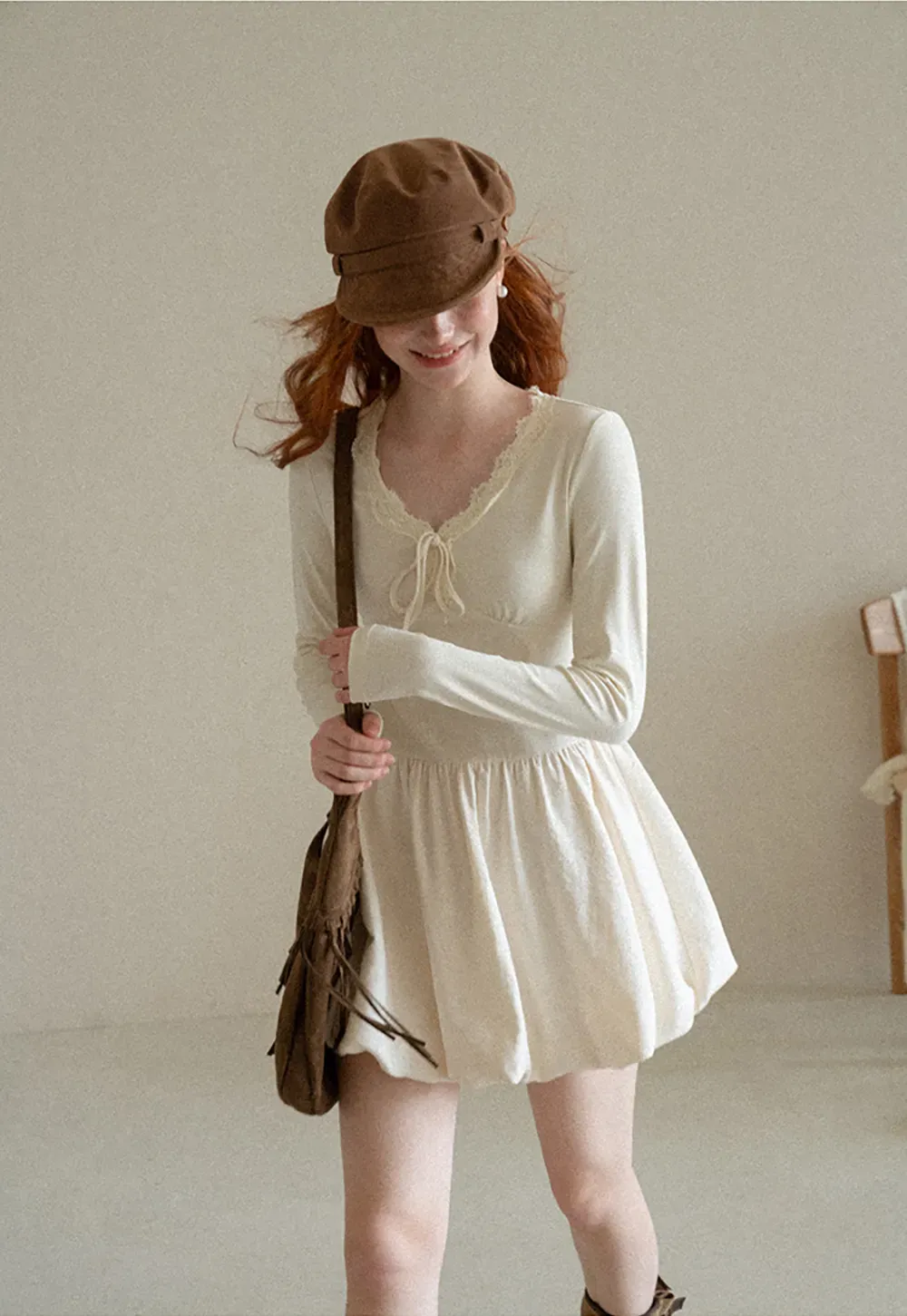 Lace Trim V Neck Long Sleeve Smocked Waist Dress