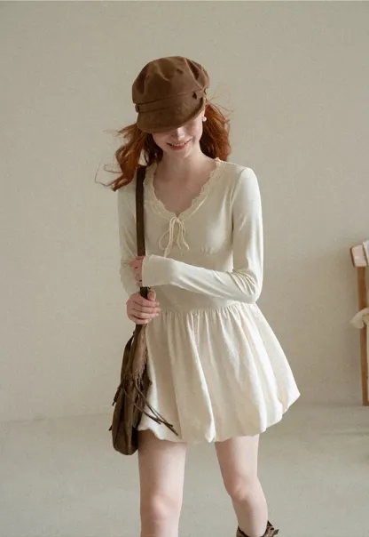 Lace Trim V Neck Long Sleeve Smocked Waist Dress
