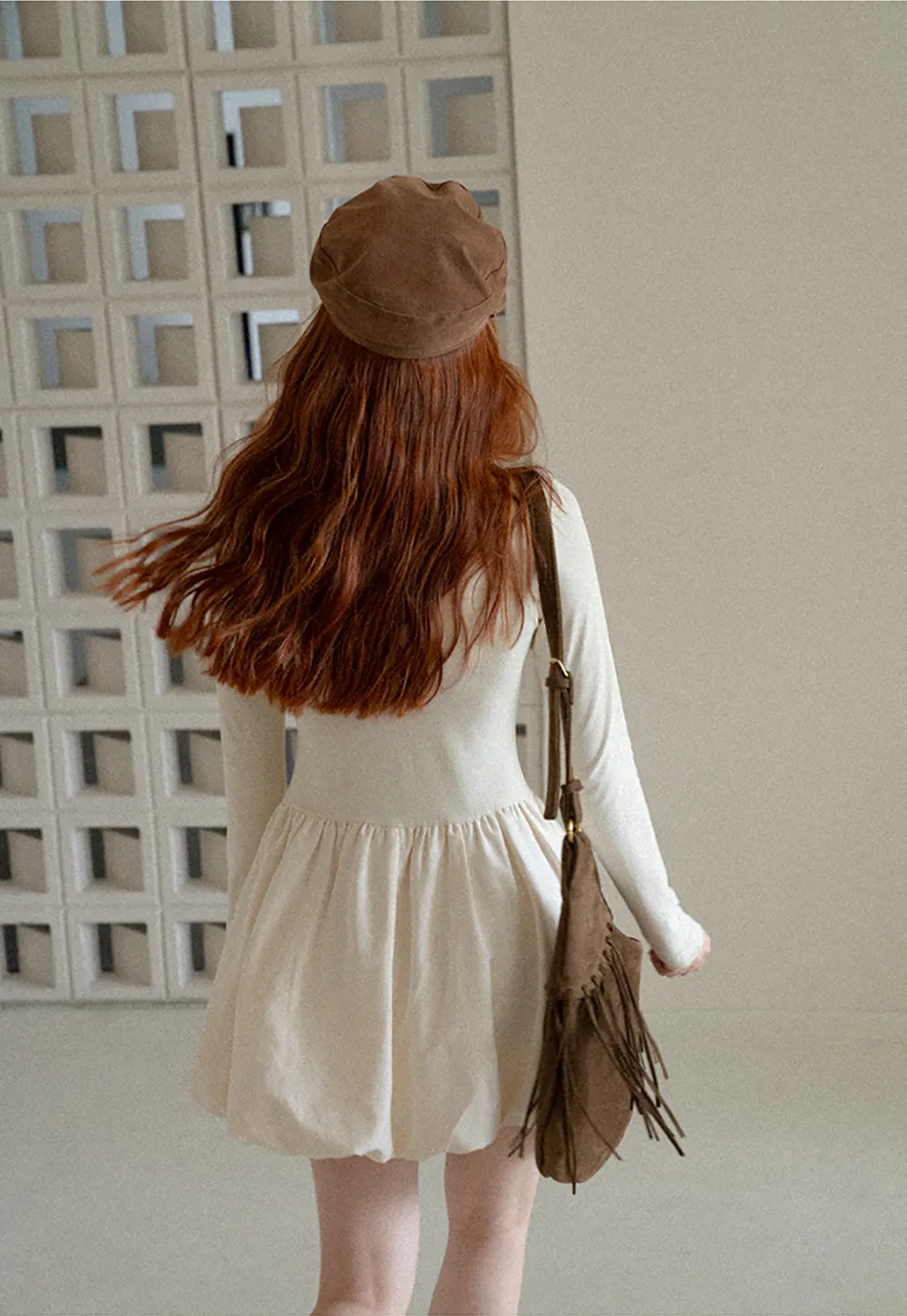 Lace Trim V Neck Long Sleeve Smocked Waist Dress