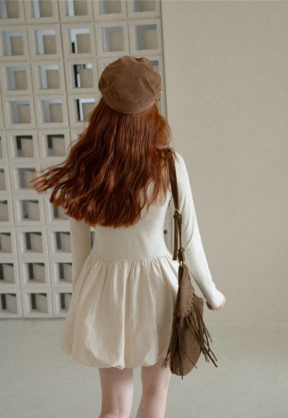 Lace Trim V Neck Long Sleeve Smocked Waist Dress