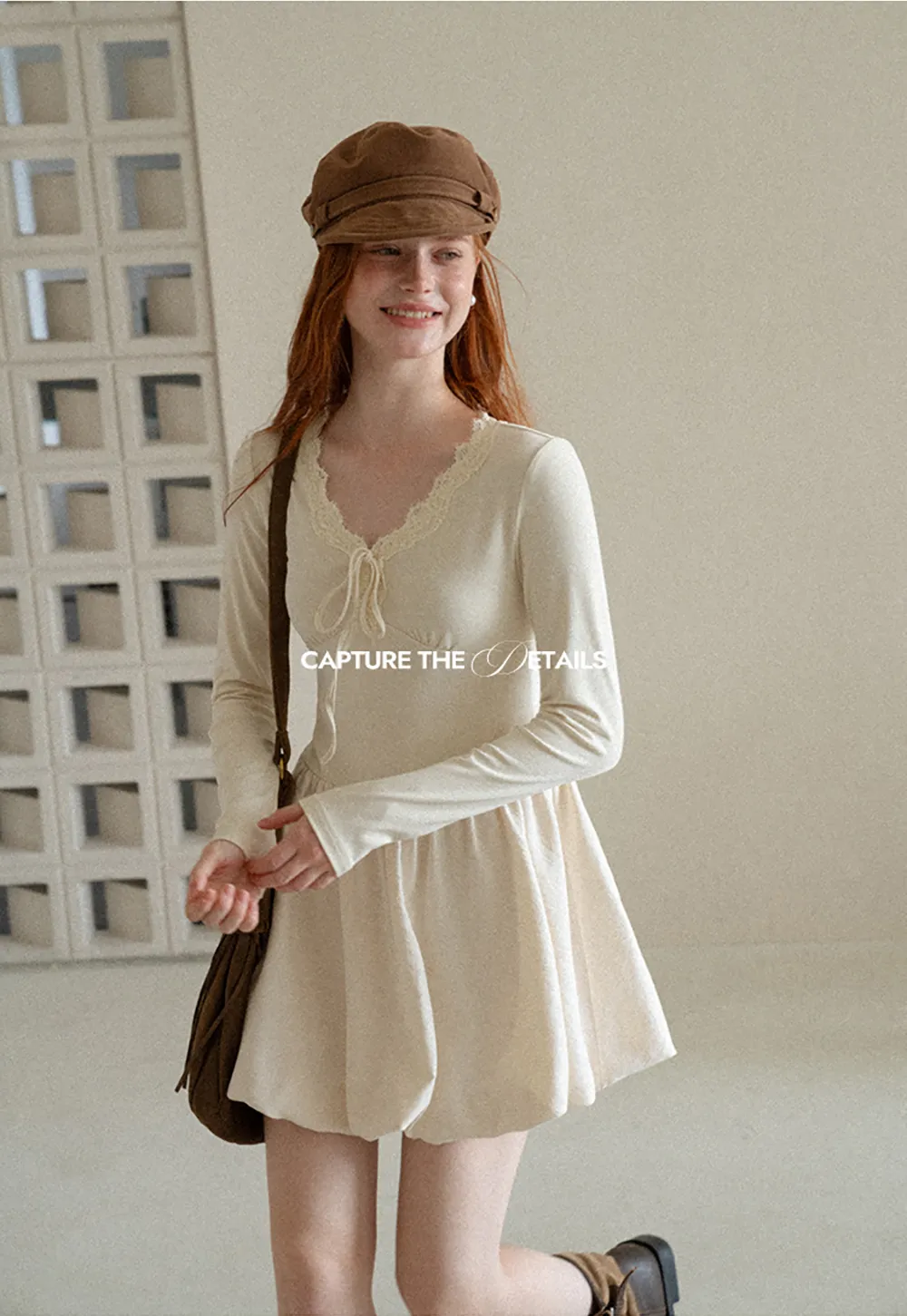 Lace Trim V Neck Long Sleeve Smocked Waist Dress