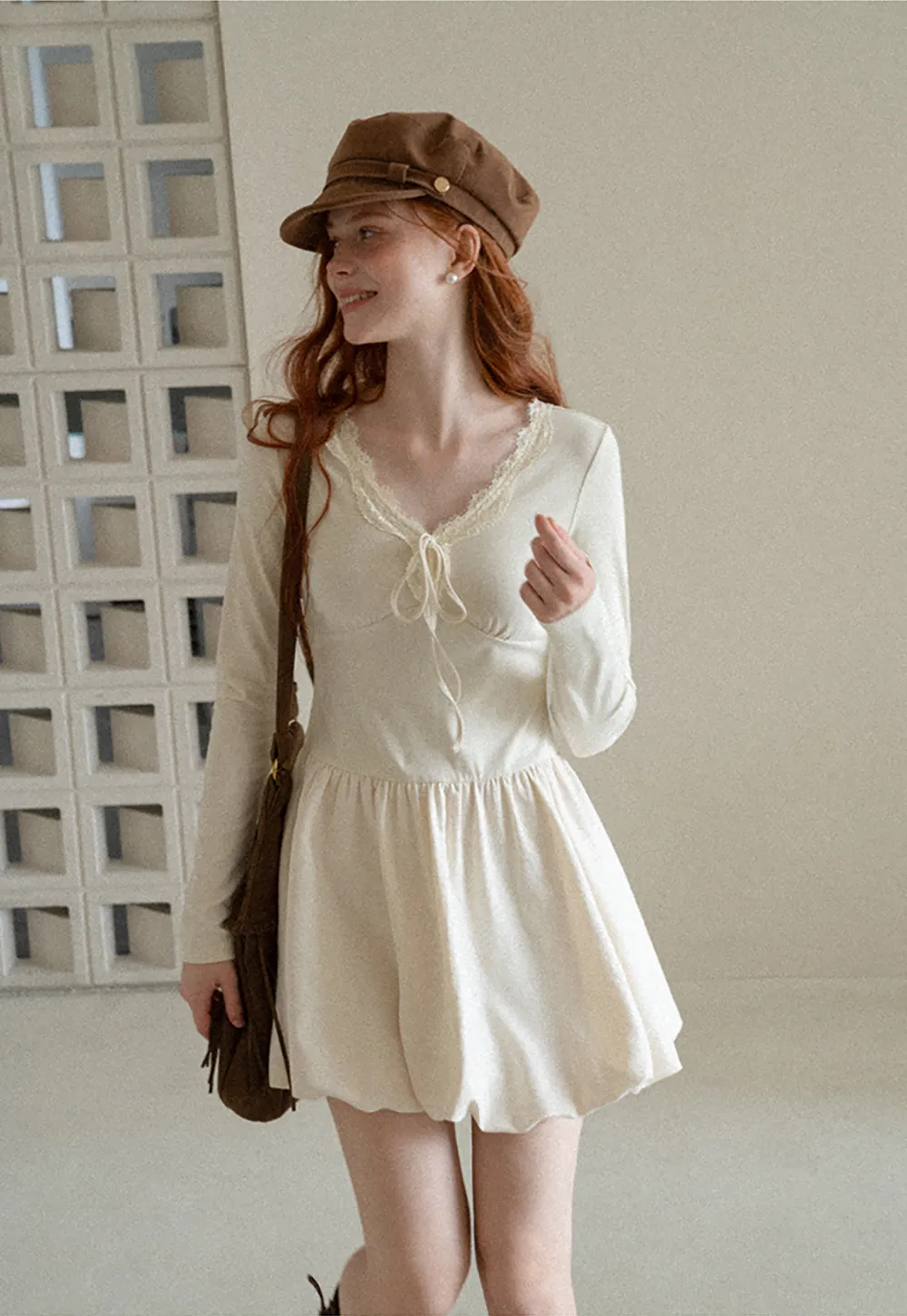Lace Trim V Neck Long Sleeve Smocked Waist Dress
