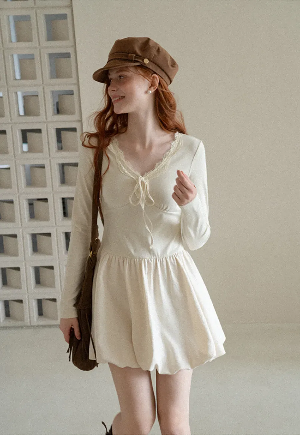 Lace Trim V Neck Long Sleeve Smocked Waist Dress