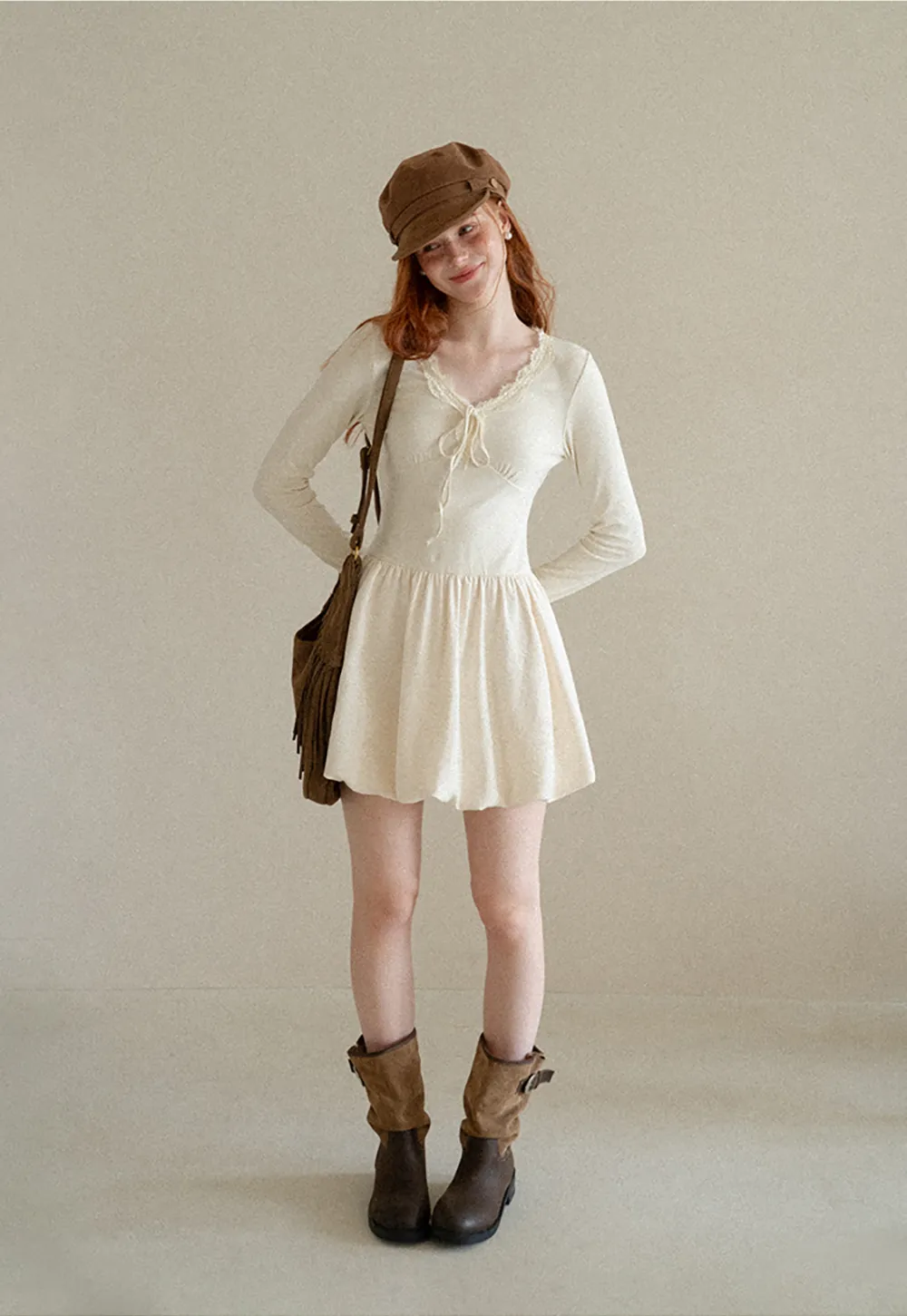 Lace Trim V Neck Long Sleeve Smocked Waist Dress