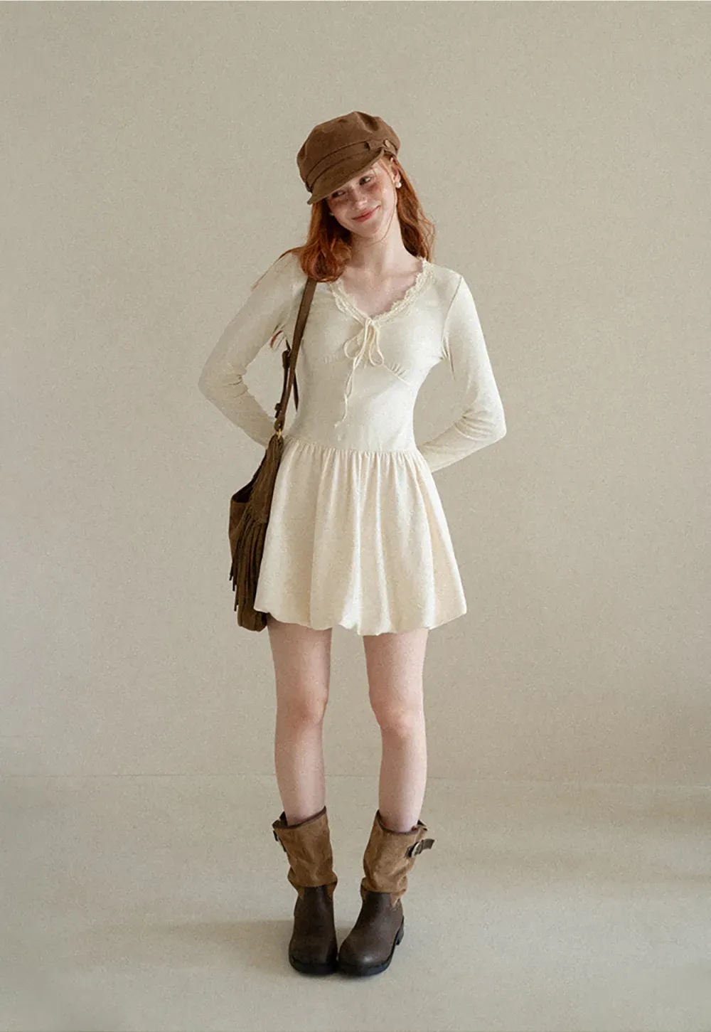 Lace Trim V Neck Long Sleeve Smocked Waist Dress