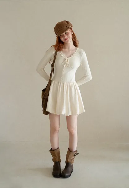 Lace Trim V Neck Long Sleeve Smocked Waist Dress