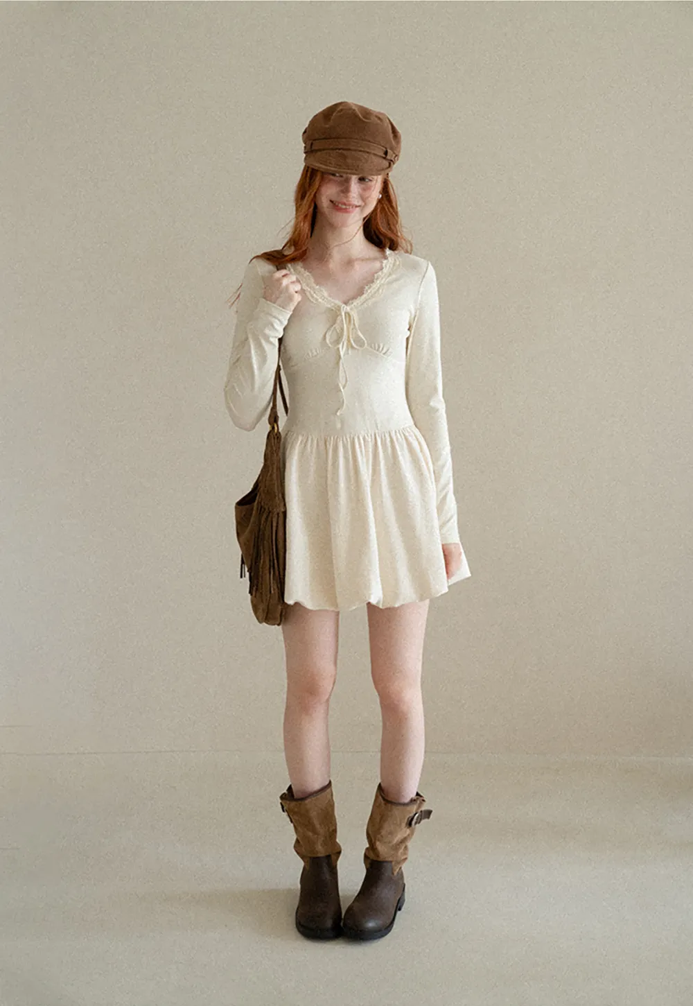 Lace Trim V Neck Long Sleeve Smocked Waist Dress