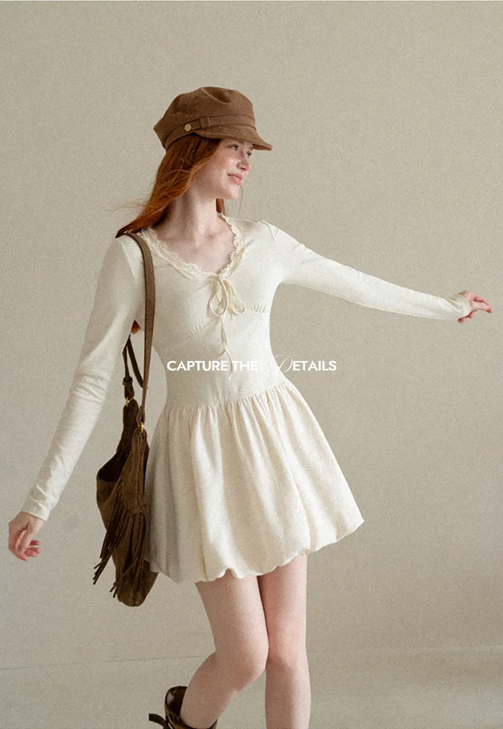 Lace Trim V Neck Long Sleeve Smocked Waist Dress