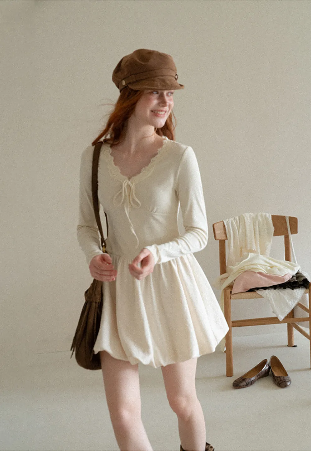 Lace Trim V Neck Long Sleeve Smocked Waist Dress