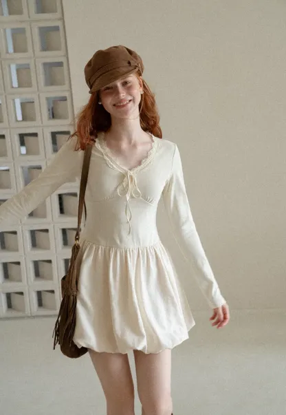 Lace Trim V Neck Long Sleeve Smocked Waist Dress