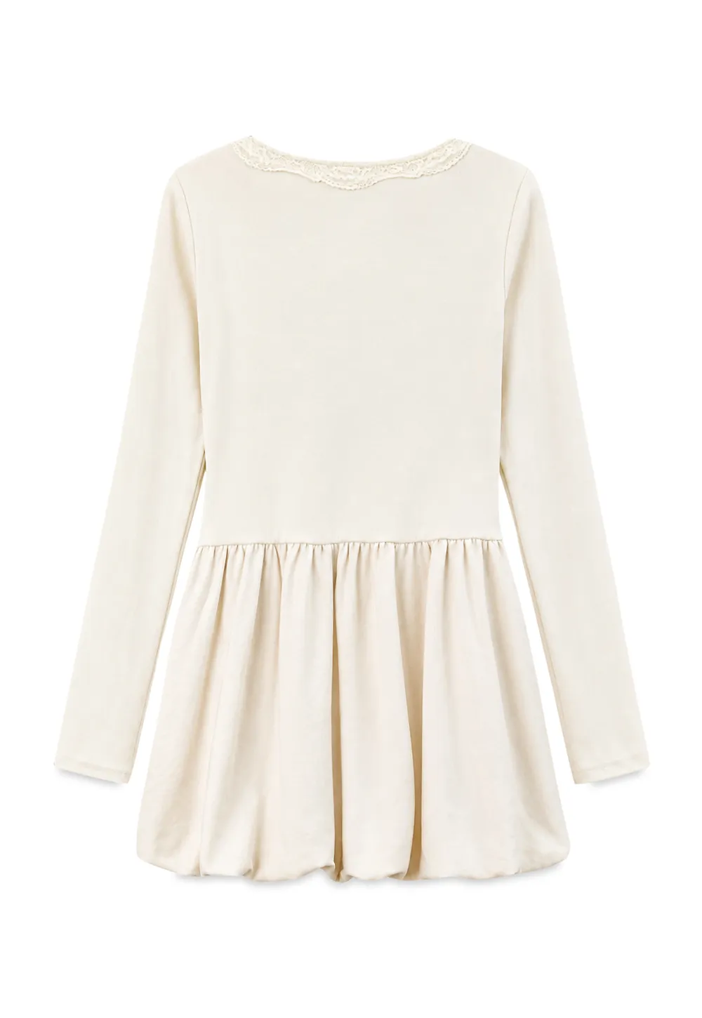 Lace Trim V Neck Long Sleeve Smocked Waist Dress