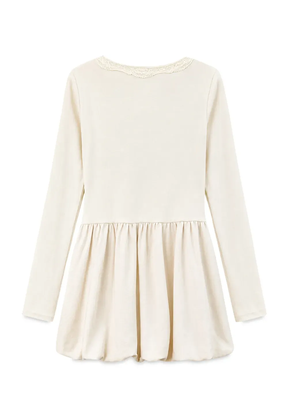Lace Trim V Neck Long Sleeve Smocked Waist Dress