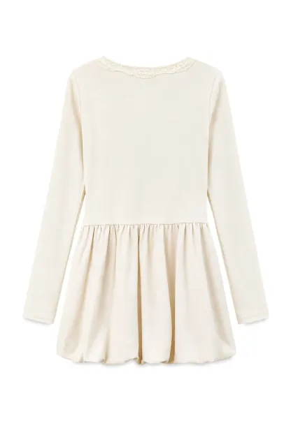 Lace Trim V Neck Long Sleeve Smocked Waist Dress