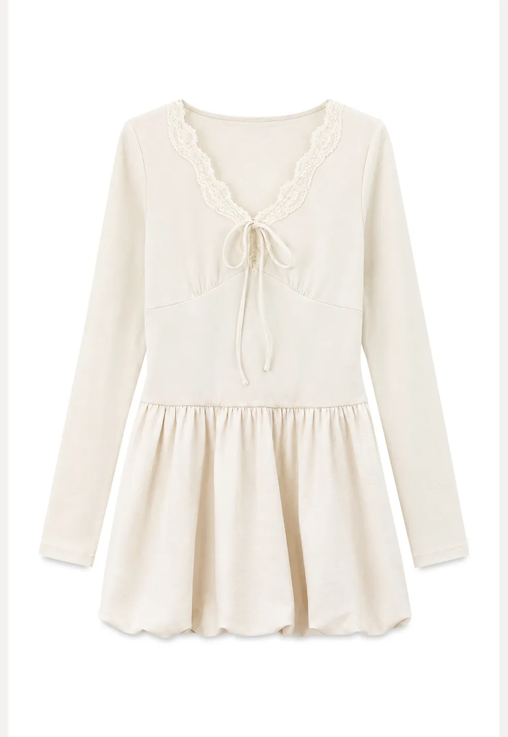 Lace Trim V Neck Long Sleeve Smocked Waist Dress