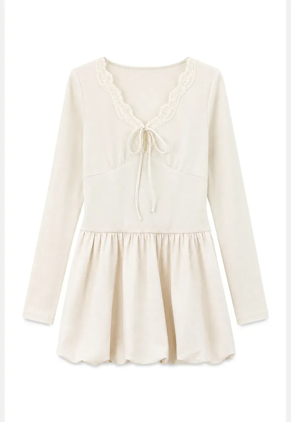 Lace Trim V Neck Long Sleeve Smocked Waist Dress