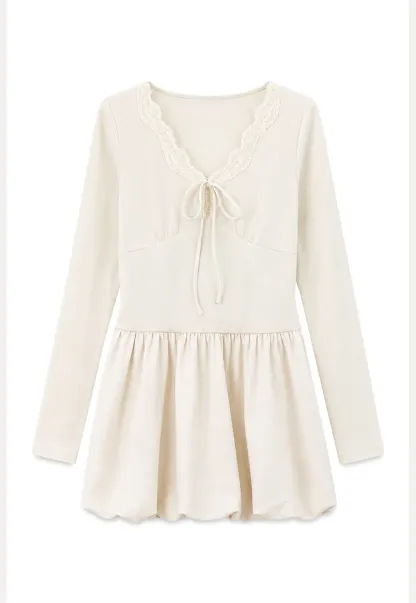 Lace Trim V Neck Long Sleeve Smocked Waist Dress