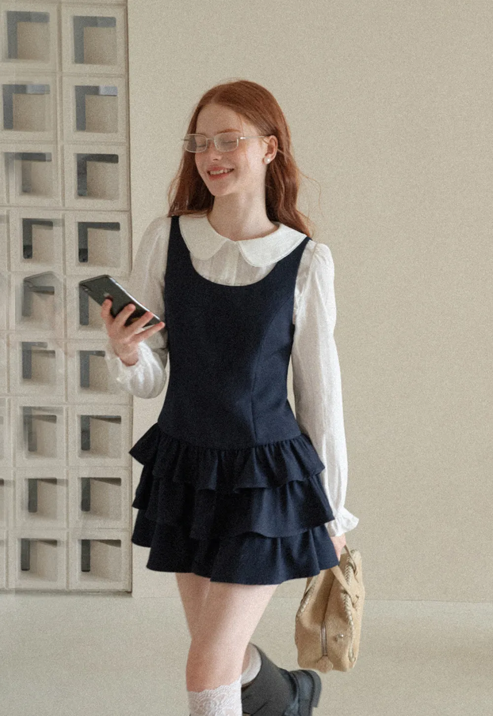 Peter Pan Collar Tiered Ruffle Sleeveless Dress