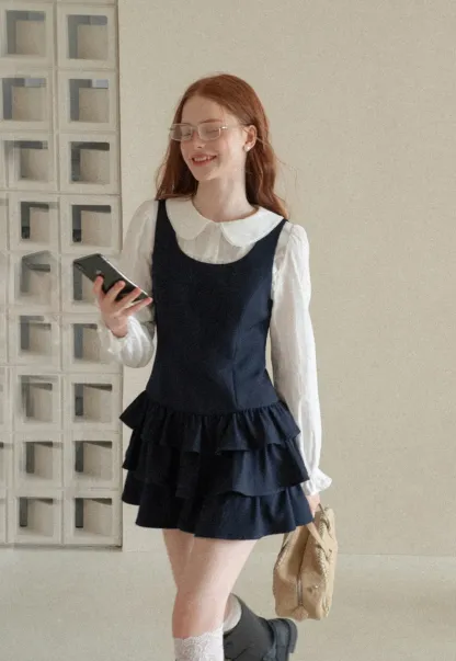 Peter Pan Collar Tiered Ruffle Sleeveless Dress