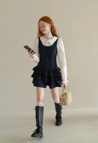 Peter Pan Collar Tiered Ruffle Sleeveless Dress