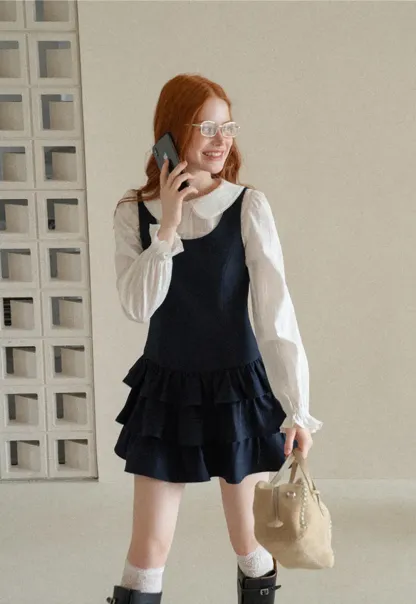 Peter Pan Collar Tiered Ruffle Sleeveless Dress