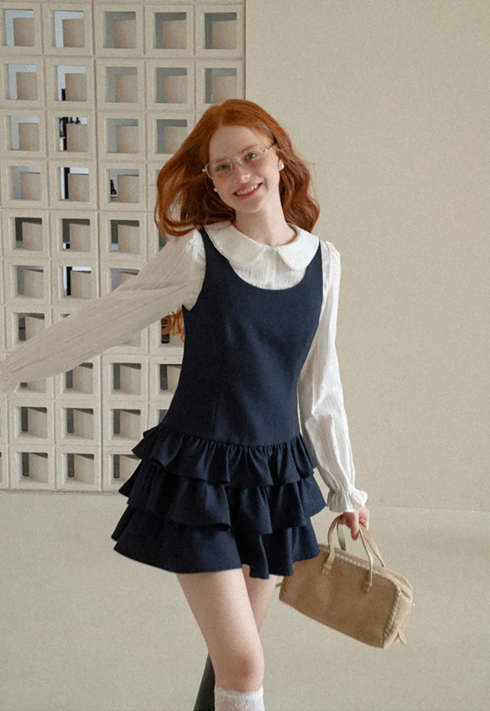Peter Pan Collar Tiered Ruffle Sleeveless Dress